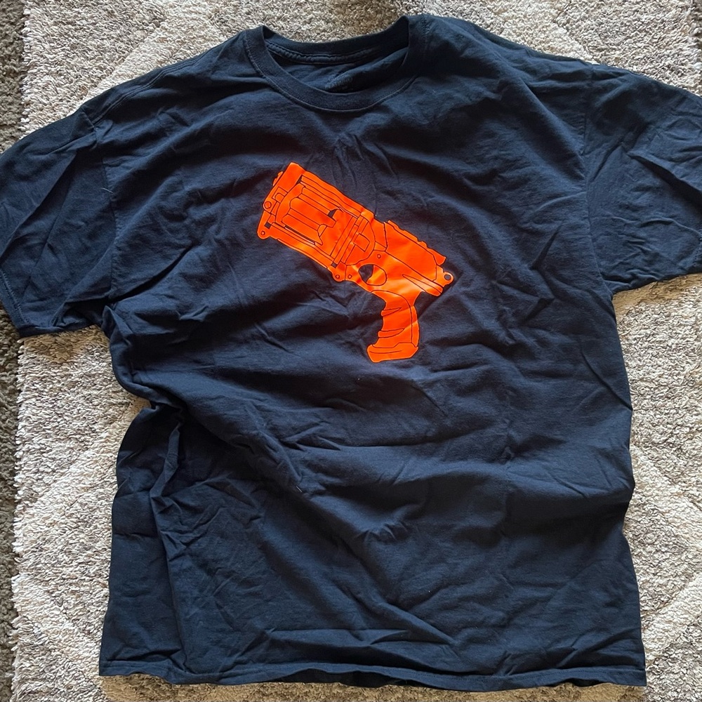 Fruit of the Loom Black Tee with Orange Gun Graphic